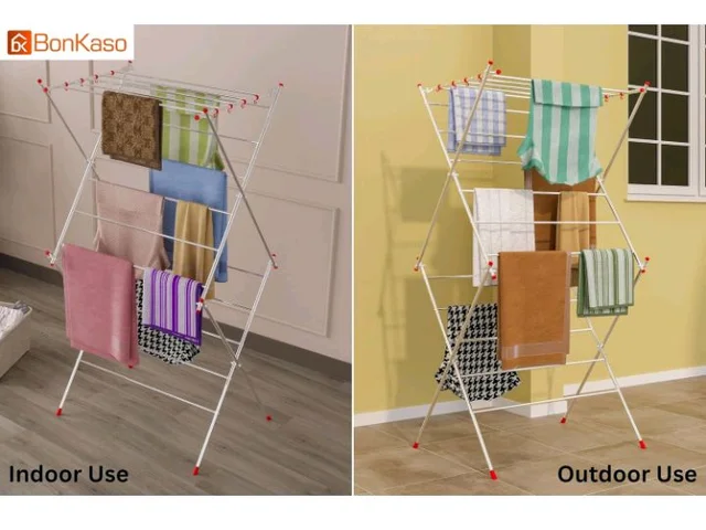 BonKaso Premium 3-Layer Foldable Clothes Drying Stand with 16 Rods & 8 Hooks | Heavy-Duty Stainless Steel Laundry Drying Rack for Indoor, Outdoor & Balcony Use (Red)