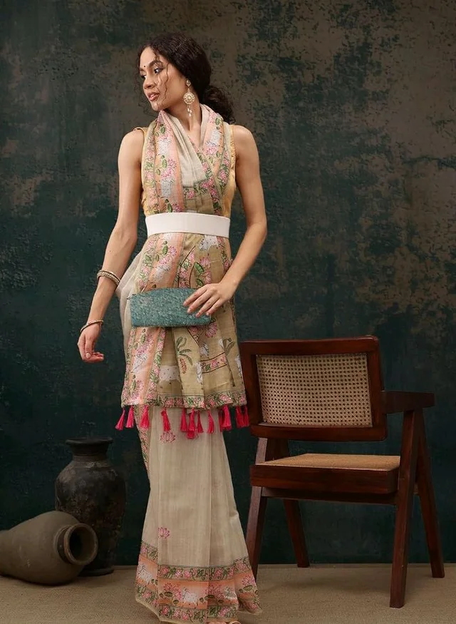 Enthone Digital Printed Women's Chanderi Cotton Blend Kalamkari Saree With Attached Unstitched Printed Blouse Piece (Light Green)