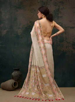 Enthone Digital Printed Women's Chanderi Cotton Blend Kalamkari Saree With Attached Unstitched Printed Blouse Piece (Light Green)