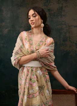 Enthone Digital Printed Women's Chanderi Cotton Blend Kalamkari Saree With Attached Unstitched Printed Blouse Piece (Light Green)