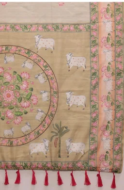 Enthone Digital Printed Women's Chanderi Cotton Blend Kalamkari Saree With Attached Unstitched Printed Blouse Piece (Light Green)