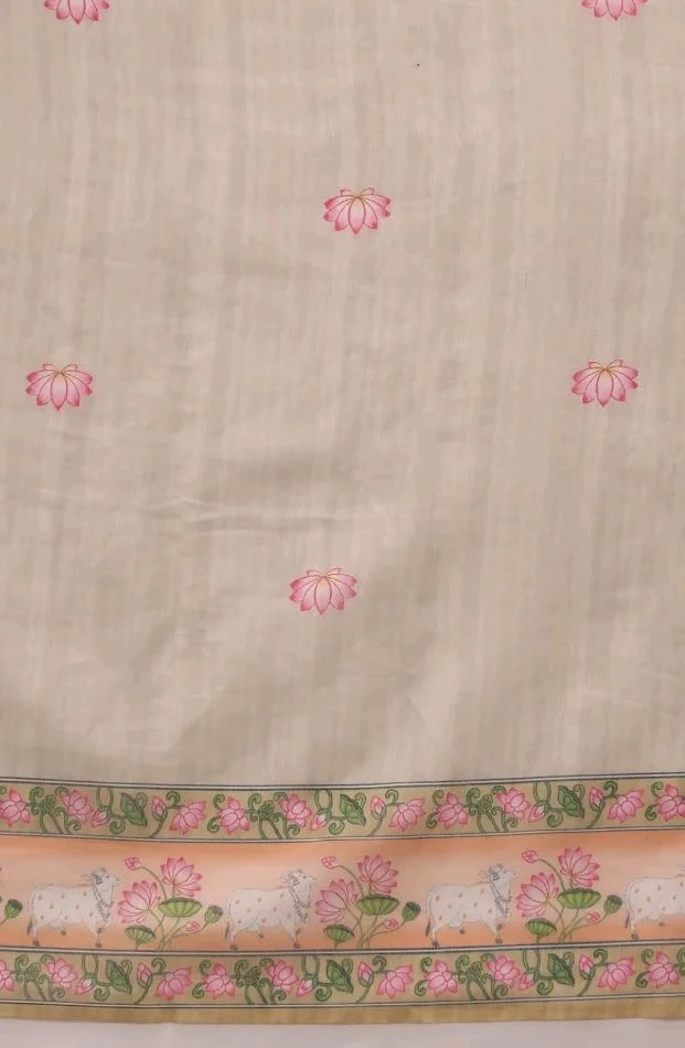 Enthone Digital Printed Women's Chanderi Cotton Blend Kalamkari Saree With Attached Unstitched Printed Blouse Piece (Light Green)