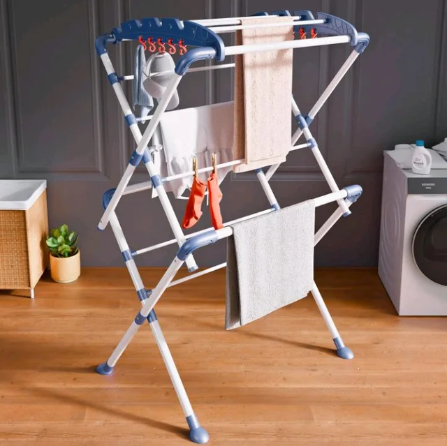 Happer Premium Clothes Stand for Drying |Foldable Portable |2 Layer Rack for Balcony |13 Hanger Rods and 10 Additional Hooks |Anti Rust Steel Metal (White Blue | Sumo)