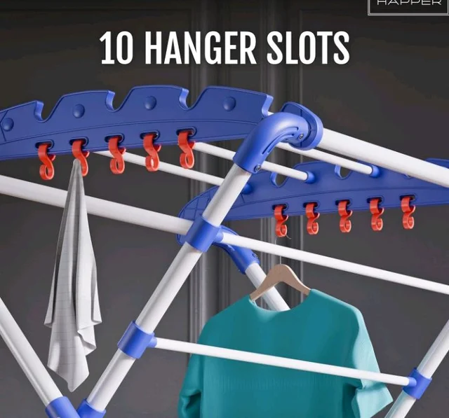 Happer Premium Clothes Stand for Drying |Foldable Portable |2 Layer Rack for Balcony |13 Hanger Rods and 10 Additional Hooks |Anti Rust Steel Metal (White Blue | Sumo)
