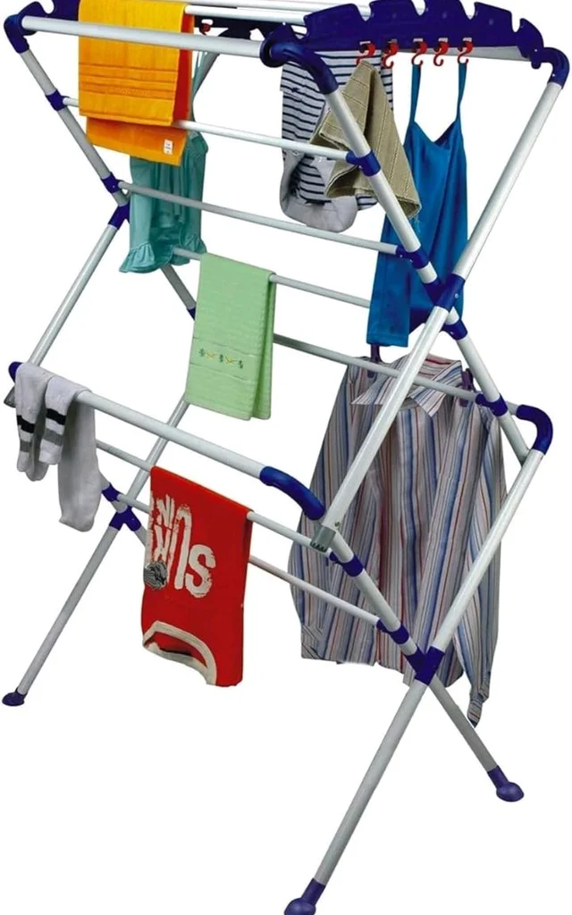 Happer Premium Clothes Stand for Drying |Foldable Portable |2 Layer Rack for Balcony |13 Hanger Rods and 10 Additional Hooks |Anti Rust Steel Metal (White Blue | Sumo)