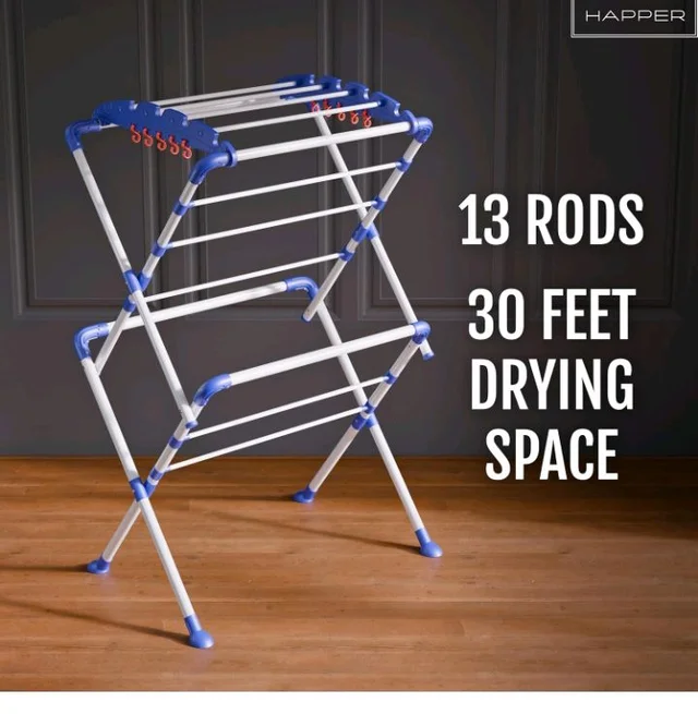 Happer Premium Clothes Stand for Drying |Foldable Portable |2 Layer Rack for Balcony |13 Hanger Rods and 10 Additional Hooks |Anti Rust Steel Metal (White Blue | Sumo)