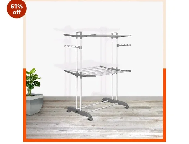Bathla 2 Level Modular Cloth Drying Stand with Wheels - Rustproof Portable Steel Laundry Rack (Grey - Medium) - Clothes Dryer for Balcony, Indoor & Outdoor Use