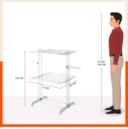 Bathla 2 Level Modular Cloth Drying Stand with Wheels - Rustproof Portable Steel Laundry Rack (Grey - Medium) - Clothes Dryer for Balcony, Indoor & Outdoor Use