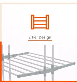 Bathla 2 Level Modular Cloth Drying Stand with Wheels - Rustproof Portable Steel Laundry Rack (Grey - Medium) - Clothes Dryer for Balcony, Indoor & Outdoor Use