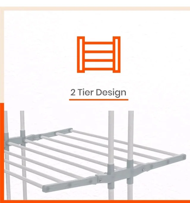 Bathla 2 Level Modular Cloth Drying Stand with Wheels - Rustproof Portable Steel Laundry Rack (Grey - Medium) - Clothes Dryer for Balcony, Indoor & Outdoor Use