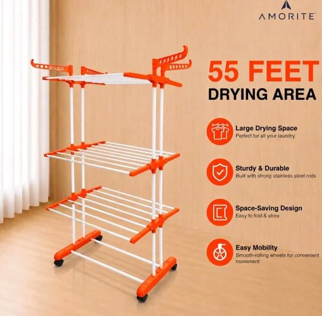 Premium Steel Clothes Drying Stand | 3 Layer Rack with Wheels
Foldable Laundry Rack for Home| Balcony Drying Stand | 24 Hanger Rods | Heavy Duty Rust Resistant (Orange)
100+ bought in past month