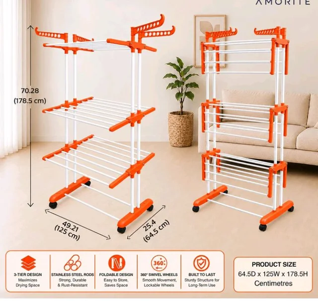 Premium Steel Clothes Drying Stand | 3 Layer Rack with Wheels
Foldable Laundry Rack for Home| Balcony Drying Stand | 24 Hanger Rods | Heavy Duty Rust Resistant (Orange)
100+ bought in past month