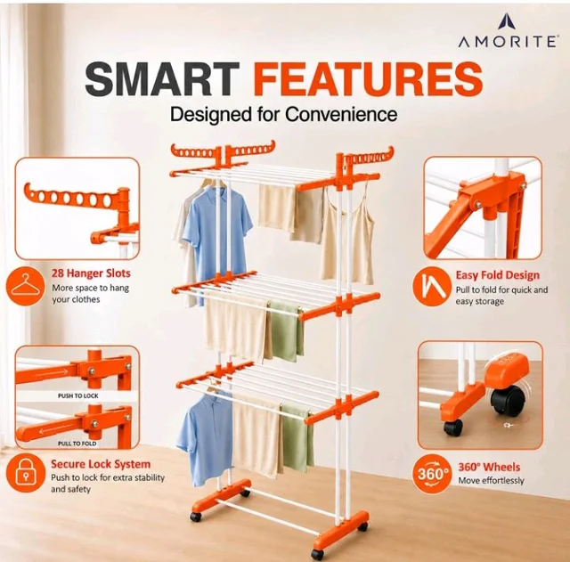Premium Steel Clothes Drying Stand | 3 Layer Rack with Wheels
Foldable Laundry Rack for Home| Balcony Drying Stand | 24 Hanger Rods | Heavy Duty Rust Resistant (Orange)
100+ bought in past month