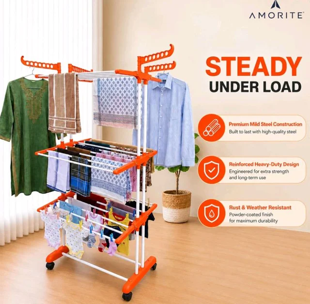 Premium Steel Clothes Drying Stand | 3 Layer Rack with Wheels
Foldable Laundry Rack for Home| Balcony Drying Stand | 24 Hanger Rods | Heavy Duty Rust Resistant (Orange)
100+ bought in past month