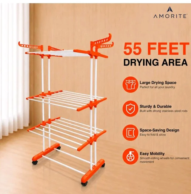 Premium Steel Clothes Drying Stand | 3 Layer Rack with Wheels
Foldable Laundry Rack for Home| Balcony Drying Stand | 24 Hanger Rods | Heavy Duty Rust Resistant (Orange)
100+ bought in past month
