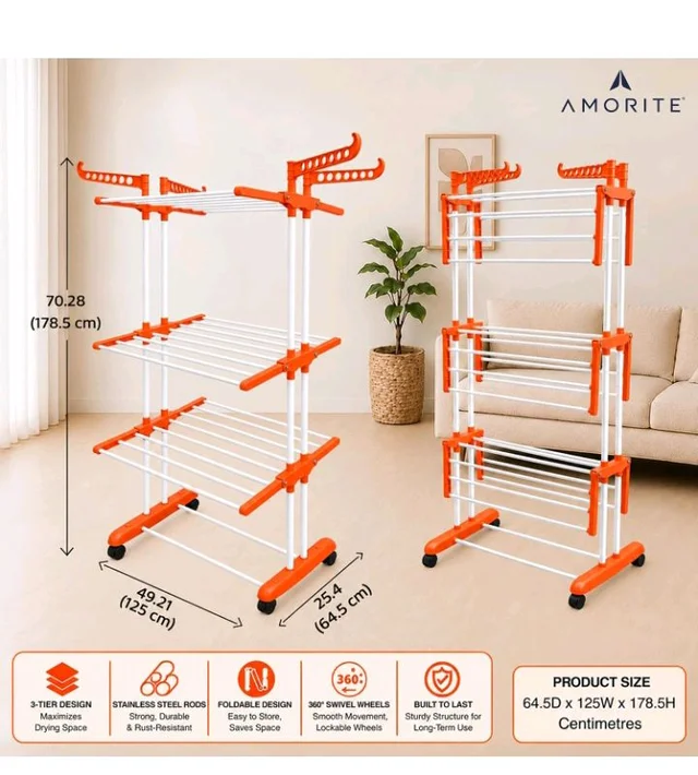 Premium Steel Clothes Drying Stand | 3 Layer Rack with Wheels
Foldable Laundry Rack for Home| Balcony Drying Stand | 24 Hanger Rods | Heavy Duty Rust Resistant (Orange)
100+ bought in past month