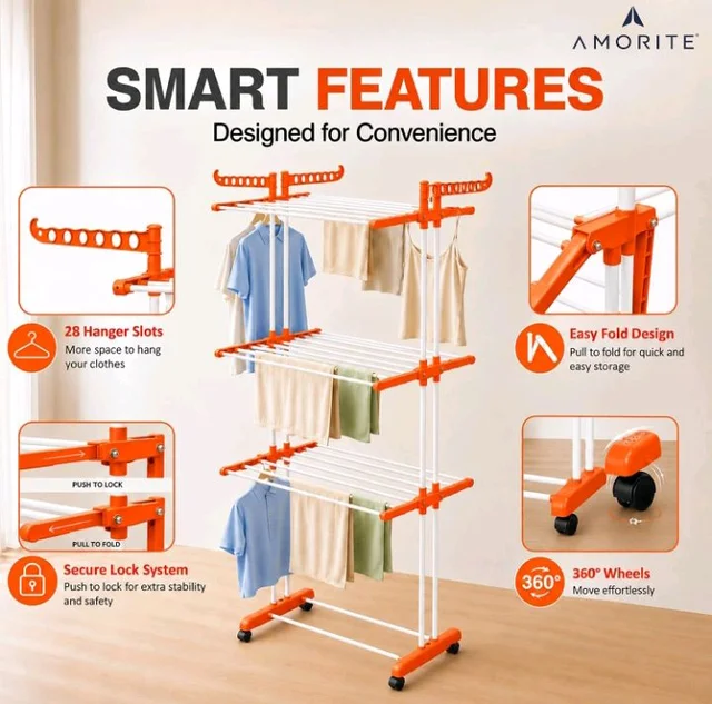 Premium Steel Clothes Drying Stand | 3 Layer Rack with Wheels
Foldable Laundry Rack for Home| Balcony Drying Stand | 24 Hanger Rods | Heavy Duty Rust Resistant (Orange)
100+ bought in past month