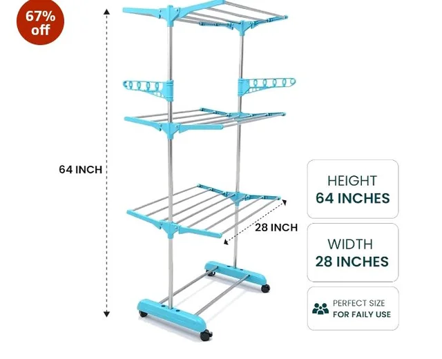 Houseware Single Pole Stainless Steel 3 Tier Cloth Drying Stand with Wheels | Lightweight Clothes Dryer & Laundry Rack | 43.2D x 78.7W x 165H cm | Rustproof & Portable (White) (Blue)