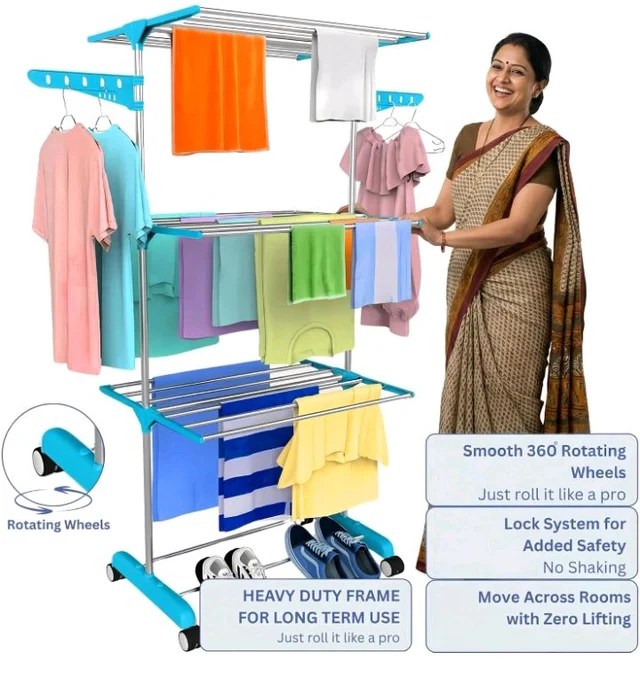 Houseware Single Pole Stainless Steel 3 Tier Cloth Drying Stand with Wheels | Lightweight Clothes Dryer & Laundry Rack | 43.2D x 78.7W x 165H cm | Rustproof & Portable (White) (Blue)