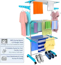 Houseware Single Pole Stainless Steel 3 Tier Cloth Drying Stand with Wheels | Lightweight Clothes Dryer & Laundry Rack | 43.2D x 78.7W x 165H cm | Rustproof & Portable (White) (Blue)