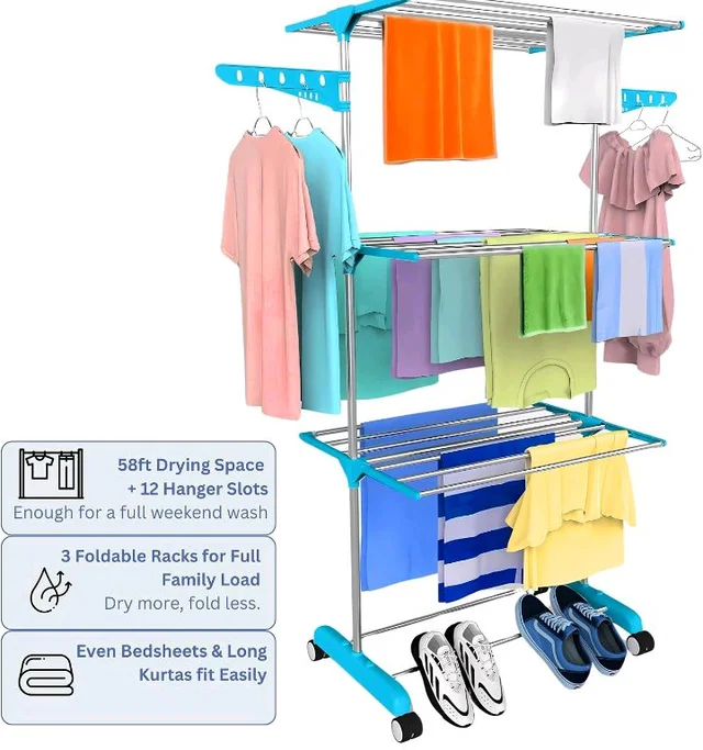 Houseware Single Pole Stainless Steel 3 Tier Cloth Drying Stand with Wheels | Lightweight Clothes Dryer & Laundry Rack | 43.2D x 78.7W x 165H cm | Rustproof & Portable (White) (Blue)