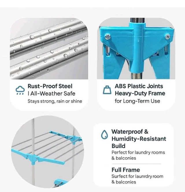 Houseware Single Pole Stainless Steel 3 Tier Cloth Drying Stand with Wheels | Lightweight Clothes Dryer & Laundry Rack | 43.2D x 78.7W x 165H cm | Rustproof & Portable (White) (Blue)