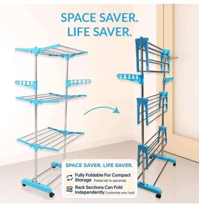 Houseware Single Pole Stainless Steel 3 Tier Cloth Drying Stand with Wheels | Lightweight Clothes Dryer & Laundry Rack | 43.2D x 78.7W x 165H cm | Rustproof & Portable (White) (Blue)