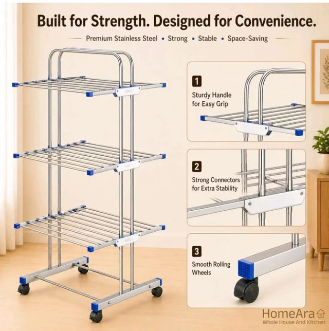 Premium Heavy Duty Foldable Stainless Steel Cloth Drying Stand, 3 Tier | Mirror Finish | Laundry Racks | Clothes Stand | Cloth Drying Rack | Foldable and Movable
50+ bought in past month
