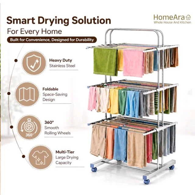 Premium Heavy Duty Foldable Stainless Steel Cloth Drying Stand, 3 Tier | Mirror Finish | Laundry Racks | Clothes Stand | Cloth Drying Rack | Foldable and Movable
50+ bought in past month