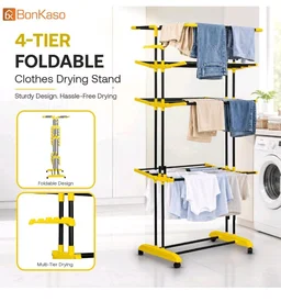 BonKaso AirFold Max 4-Tier Double Pole Foldable Clothes Drying Stand, Portable Heavy Duty Alloy Steel Laundry Rack with 360° Wheels and 8 Hanger Slots, for Indoor and Outdoor Use, Black & Yellow
60%
off