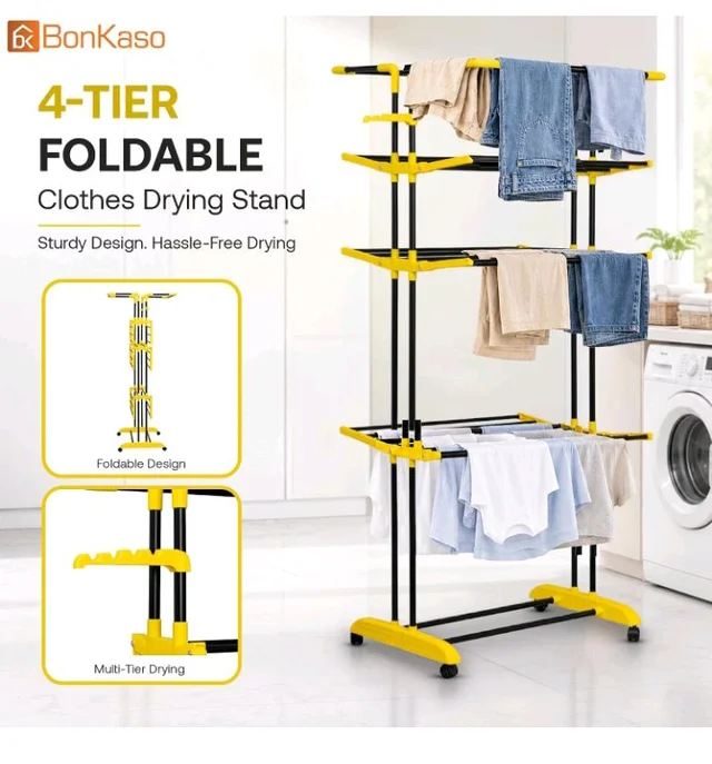 BonKaso AirFold Max 4-Tier Double Pole Foldable Clothes Drying Stand, Portable Heavy Duty Alloy Steel Laundry Rack with 360° Wheels and 8 Hanger Slots, for Indoor and Outdoor Use, Black & Yellow
60%
off