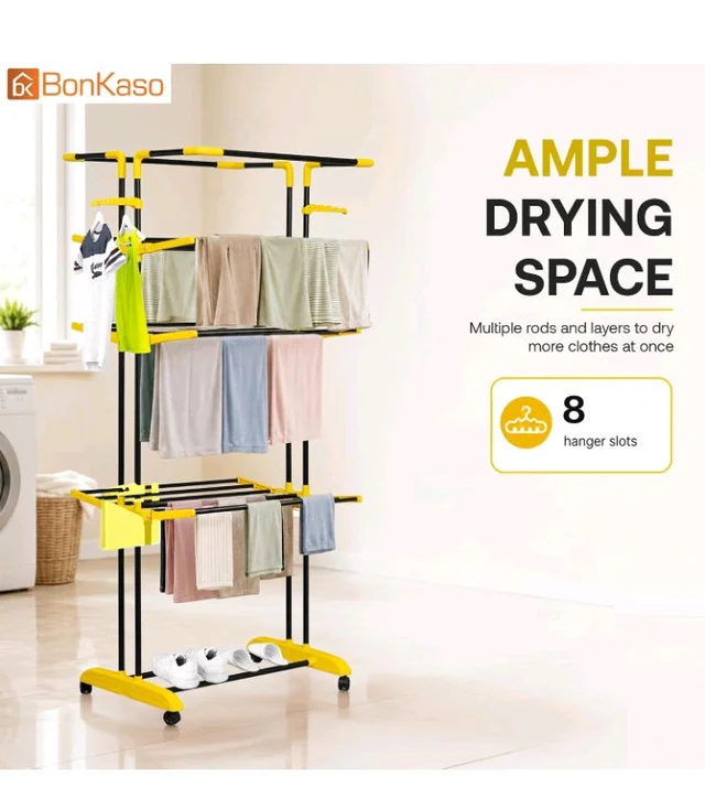 BonKaso AirFold Max 4-Tier Double Pole Foldable Clothes Drying Stand, Portable Heavy Duty Alloy Steel Laundry Rack with 360° Wheels and 8 Hanger Slots, for Indoor and Outdoor Use, Black & Yellow
60%
off