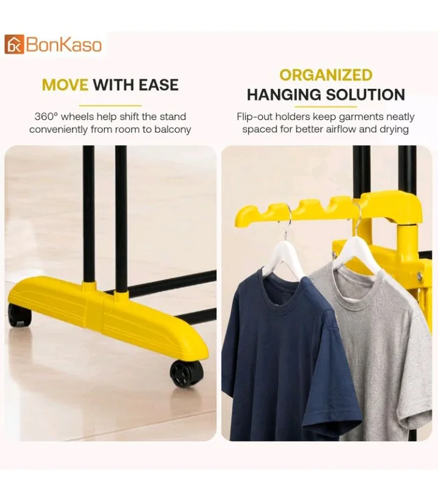 BonKaso AirFold Max 4-Tier Double Pole Foldable Clothes Drying Stand, Portable Heavy Duty Alloy Steel Laundry Rack with 360° Wheels and 8 Hanger Slots, for Indoor and Outdoor Use, Black & Yellow
60%
off