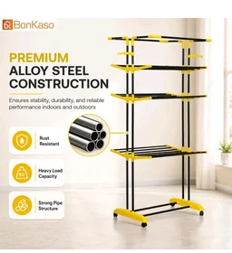 BonKaso AirFold Max 4-Tier Double Pole Foldable Clothes Drying Stand, Portable Heavy Duty Alloy Steel Laundry Rack with 360° Wheels and 8 Hanger Slots, for Indoor and Outdoor Use, Black & Yellow
60%
off