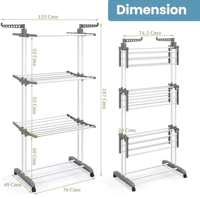 FLIPZON Premium 3 Layer Clothes Drying Stand with Wheels | Foldable Wings | Double Pole Alloy Steel Rack | 360° Rotatable Hanger Rods | Portable Balcony Laundry Dryer (White & Grey)
500+ bought in past month