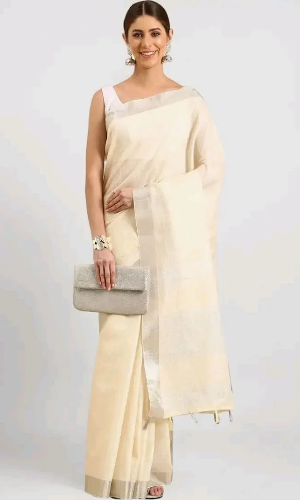 Rekha Maniyar women's pure linen lurex zari woven saree with fancy tassels (R_FASHIONDAY)