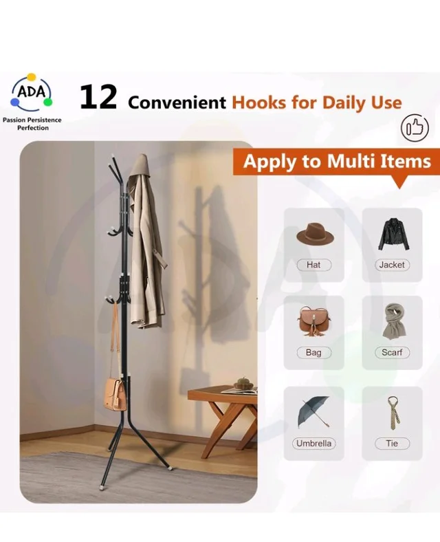 ADA Wrought Iron Coat Rack 12 Hooks Hanger | Creative Fashion Bedroom for Hanging Clothes,Bag,Hat,Scarf Shelves, Wrought Iron Modern Racks Standing Coat Rack (Black)