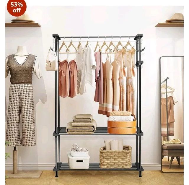LEOPAX Cloth Rail Garment Rack With 2 Shelves&10 Side Hook With Bottom Shelf And Shoe Clothing Storage Organizer Shelves-Black (84 X 31 X 140Cm, Metal)
53%
off