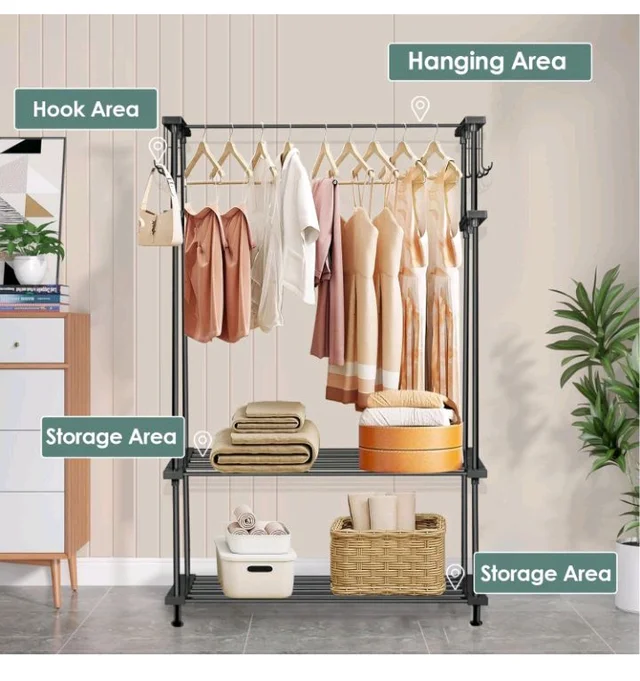 LEOPAX Cloth Rail Garment Rack With 2 Shelves&10 Side Hook With Bottom Shelf And Shoe Clothing Storage Organizer Shelves-Black (84 X 31 X 140Cm, Metal)
53%
off