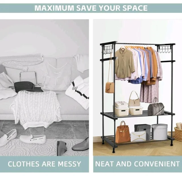 LEOPAX Cloth Rail Garment Rack With 2 Shelves&10 Side Hook With Bottom Shelf And Shoe Clothing Storage Organizer Shelves-Black (84 X 31 X 140Cm, Metal)
53%
off