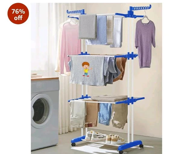 FLIPZON Premium 3 Layer Clothes Drying Stand with Wheels | Foldable Wings | Double Pole Alloy Steel Rack | 360° Rotatable Hanger Rods | Portable Balcony Laundry Dryer (White &