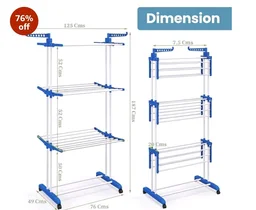 FLIPZON Premium 3 Layer Clothes Drying Stand with Wheels | Foldable Wings | Double Pole Alloy Steel Rack | 360° Rotatable Hanger Rods | Portable Balcony Laundry Dryer (White &