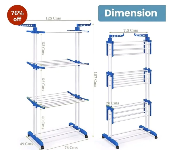 FLIPZON Premium 3 Layer Clothes Drying Stand with Wheels | Foldable Wings | Double Pole Alloy Steel Rack | 360° Rotatable Hanger Rods | Portable Balcony Laundry Dryer (White &