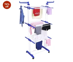 FLIPZON Premium 3 Layer Clothes Drying Stand with Wheels | Foldable Wings | Double Pole Alloy Steel Rack | 360° Rotatable Hanger Rods | Portable Balcony Laundry Dryer (White &
