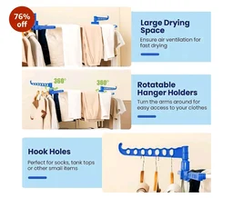 FLIPZON Premium 3 Layer Clothes Drying Stand with Wheels | Foldable Wings | Double Pole Alloy Steel Rack | 360° Rotatable Hanger Rods | Portable Balcony Laundry Dryer (White &