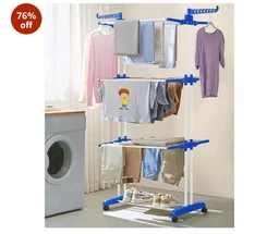 FLIPZON Premium 3 Layer Clothes Drying Stand with Wheels | Foldable Wings | Double Pole Alloy Steel Rack | 360° Rotatable Hanger Rods | Portable Balcony Laundry Dryer (White &