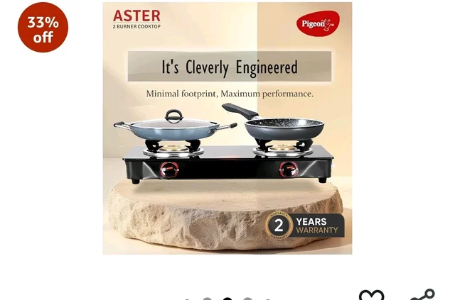 igeon Aster Gas Stove 2 Burner with High Powered Brass Burner, Gas Cooktop with Glass Top and Powder Coated Body, black, standard (14266