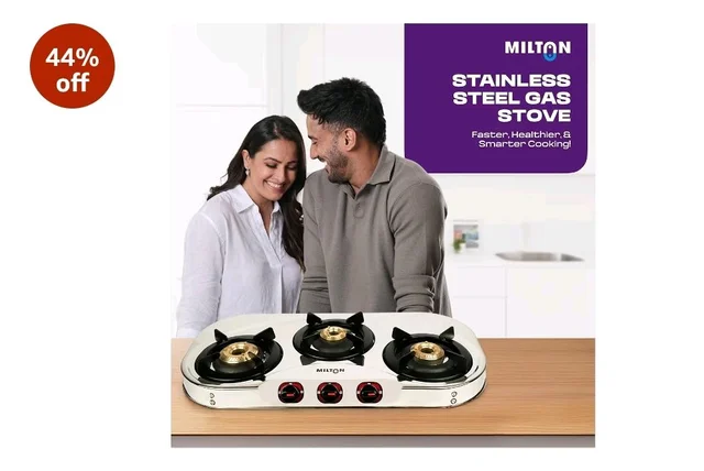 MILTON Royal Stainless Steel LPG Gas Stove 3 Burners | ISI Certified Manual Ignition 3 Burner Gas Stove | 360 Degree Nozzle | High Powered Brass Burners | 1 Year Manufacturer's Warranty