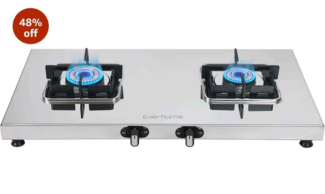 Everflame Prime Gas Stove| 2 Burner Stainless Steel Stove | Manual Ignition | LPG Stove | Gas-Saver | (1.2MM)-Thick SS Body | Brass Burner | ISI Certified | 2 Years Product Warranty + Doorstep Service