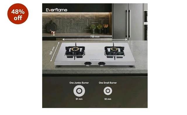 Everflame Prime Gas Stove| 2 Burner Stainless Steel Stove | Manual Ignition | LPG Stove | Gas-Saver | (1.2MM)-Thick SS Body | Brass Burner | ISI Certified | 2 Years Product Warranty + Doorstep Service